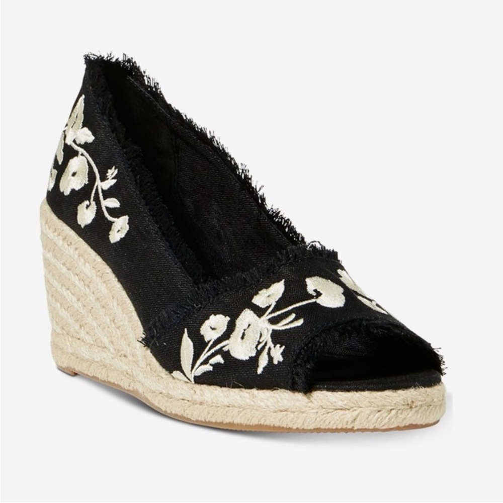 Ralph Lauren Carmondy Black White Embroidery Espadrille Wedge Heel Sandals.